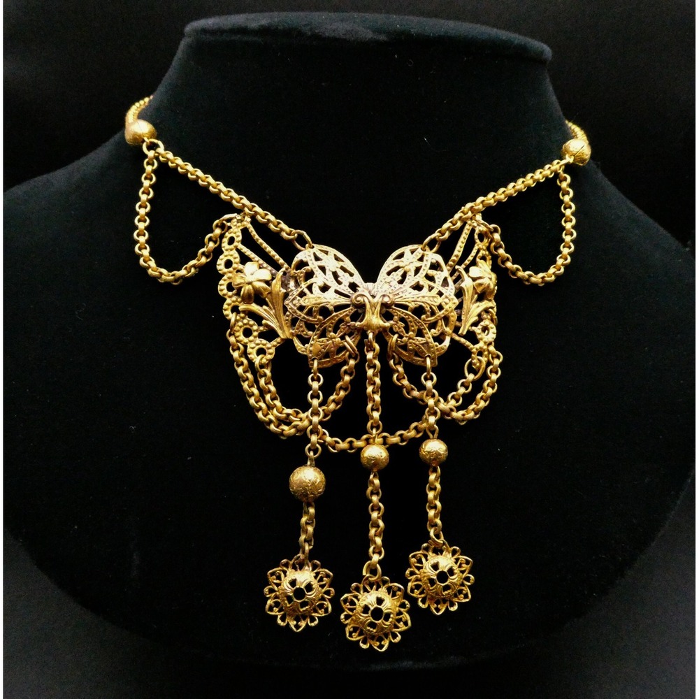 Art Nouveau Festoon Drop Dangle Bow Flower Necklace Filigree Antique Brass Bib